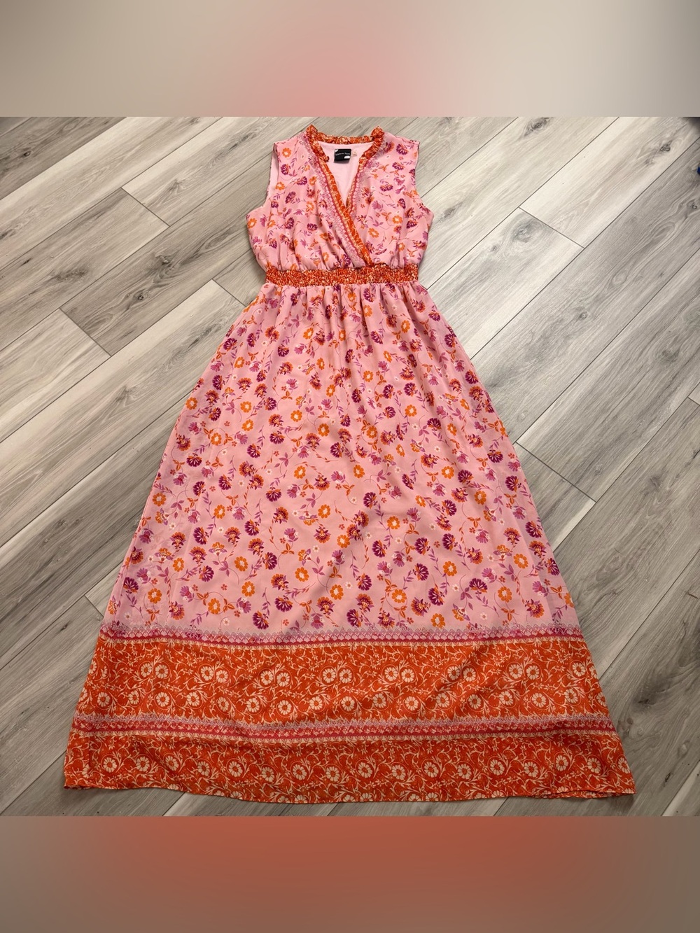 Maison Tara Maxi Dress Size 16 Floral Pink Orange Sleeveless Lined